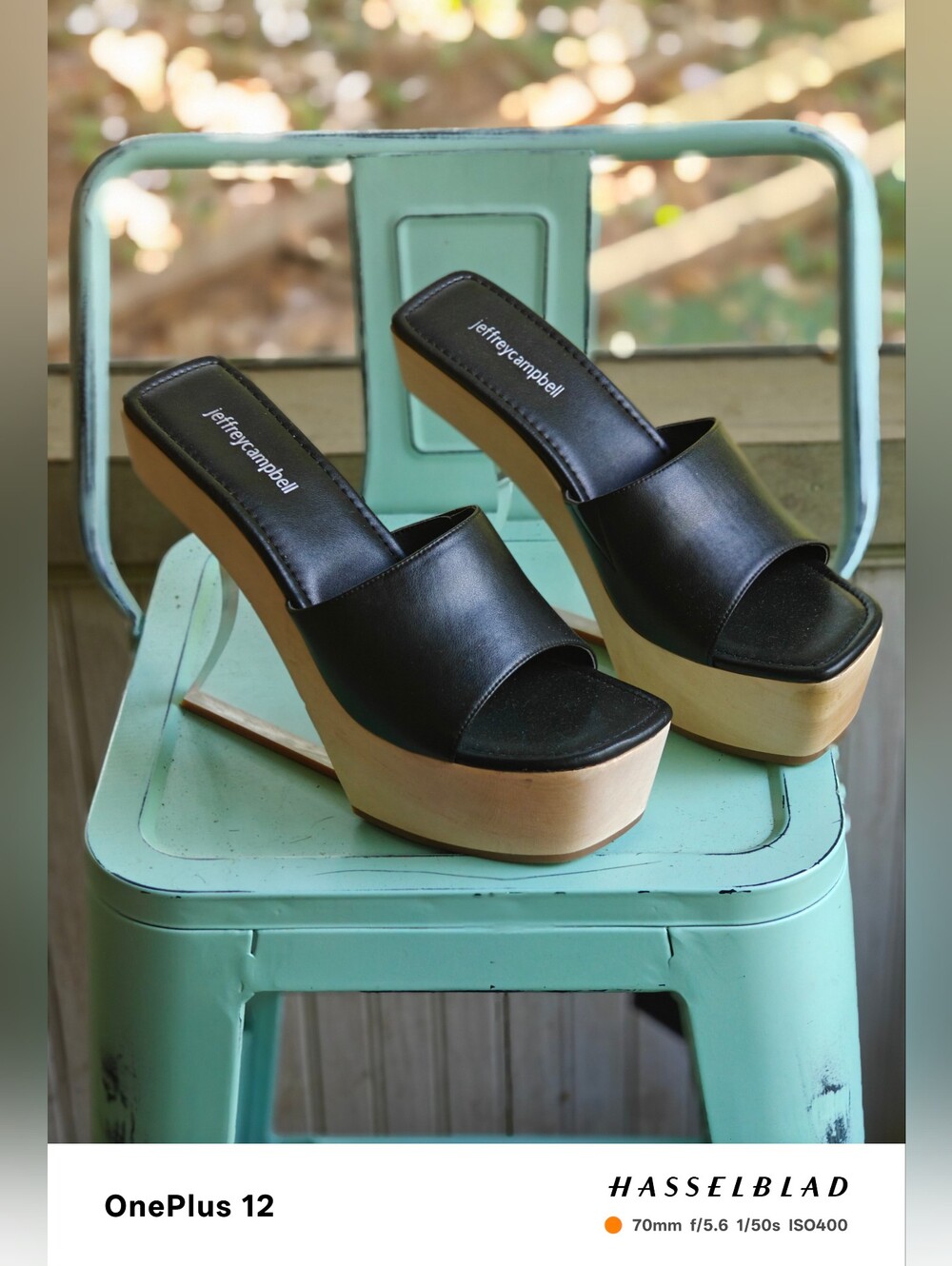 Jeffrey Campbell Black Leather Platform Slides with Natural Wood-Tone Sole